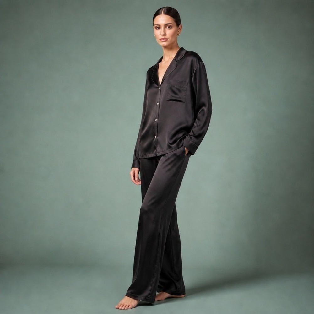 Nordstrom Silk Lingerie Pajama Top Women XL Black Button Down Shirt Old Money